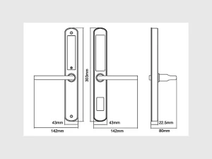 Abmessungen des TTHOTEL Slim Lock mit Türgriffen.