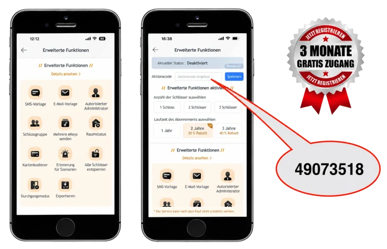 TTLOCK-App mit erweiterten Funktionen und Aktionscode für drei Monate Gratiszugang.