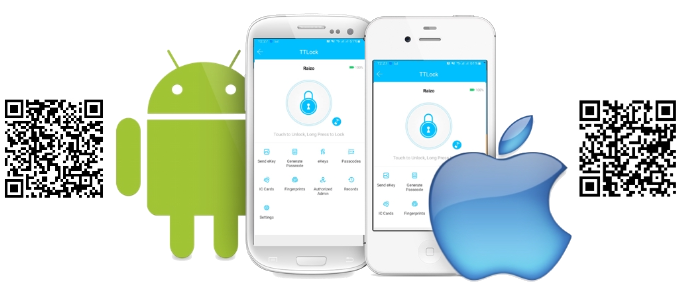 TTLOCK-App für Android und iOS mit QR-Codes zum Herunterladen der App.