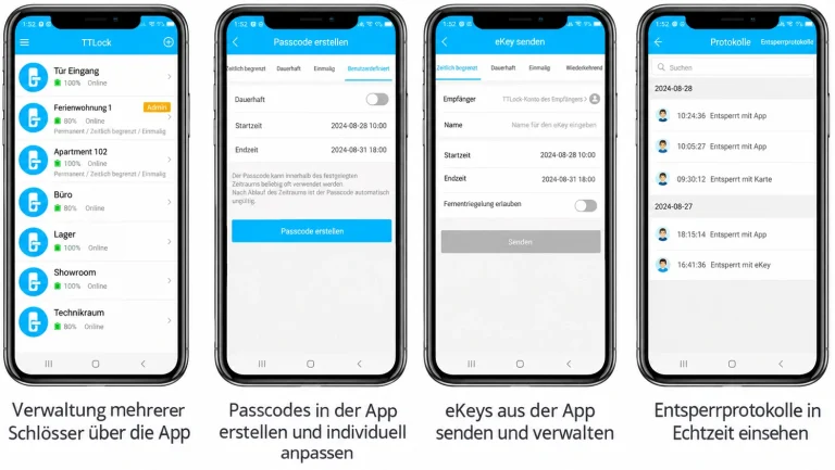 TTLOCK-App zur Verwaltung mehrerer Schlösser, Passcodes, eKeys und Entsperrprotokolle.