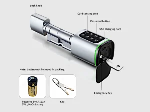 TTLOCK MYSTIC LITE mit Bedienelementen, USB-Ladeanschluss und Notschlüssel.