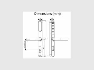 Technische Maßzeichnung des TTLOCK SLIM PRO mit Abmessungen von Beschlag, Griff und Schlossabstand.