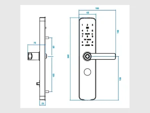 Technische Maßzeichnung des TTLOCK BOSS X mit Abmessungen von Beschlag und Türgriff.