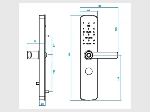Technische Maßzeichnung des TTLOCK BOSS mit Vorder- und Seitenansicht sowie Maßangaben für Schlosskörper und Türgriff.