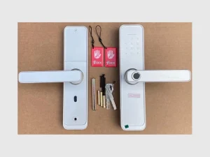 Lieferumfang des weißen TTLOCK BOSS mit Innen- und Außeneinheit, zwei roten TTLock RFID-Zugangsanhängern, mechanischen Schlüsseln, Vierkantstift, Batterien und Montagematerial.