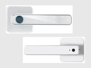 Weißer TTLOCK-GRIFF mit integriertem Zahlenfeld und rundem Fingerabdrucksensor sowie weißer Innengriff mit Abdeckung und Knopf.