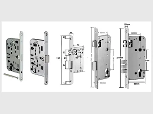 Verschiedene Einsteckschlösser für das TTLOCK RIO mit unterschiedlichen Bauformen und Maßangaben für Dornmaß und Entfernung.