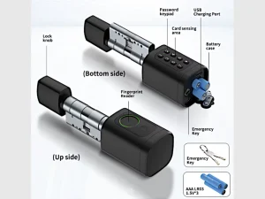 TTLOCK MYSTIC V1 mit Fingerabdrucksensor, Zahlentastatur, Kartenlesebereich, USB-Ladeanschluss, Batteriefach und Notschlüssel.