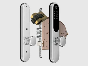 TTLOCK SPIN mit dargestelltem mechanischem Einsteckschloss und Schließmechanismus zwischen Außen- und Inneneinheit.
