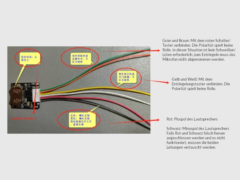 Automatisches Öffnermodul mit farbigen Anschlussleitungen und Hinweisen zur Verbindung mit Türöffnertaster und Lautsprecher.