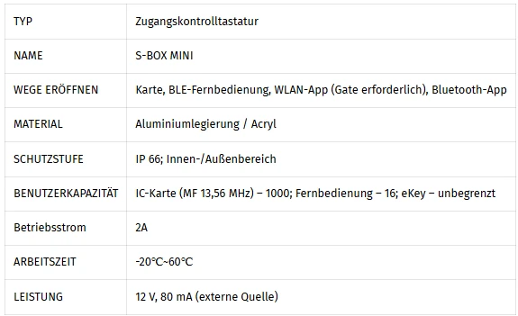 Technische Daten des TTLOCK S-BOX MINI Kartencontrollers.