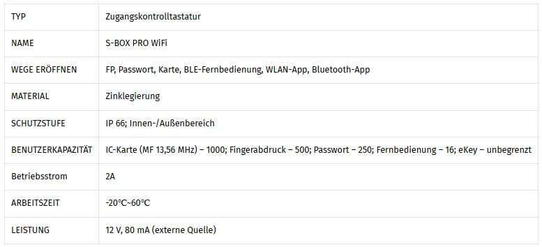 Technische Daten des TTLOCK S-BOX PRO WiFi Zutrittscontrollers.