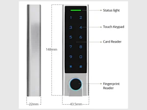 Maße und Bedienelemente des TTLOCK S-BOX SLIM Zutrittscontrollers.