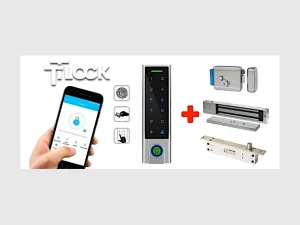 TTLOCK S-BOX SLIM mit Smartphone und verschiedenen elektrischen Schlössern.
