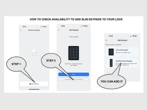 App-Ansichten zur Prüfung und Einrichtung eines TTLOCK Slim Tastenfelds.